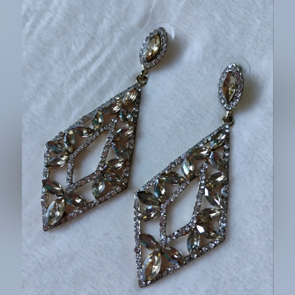 Beautiful Rhinestone Statement Earrings | Large Chandelier Geometric | 3.25"